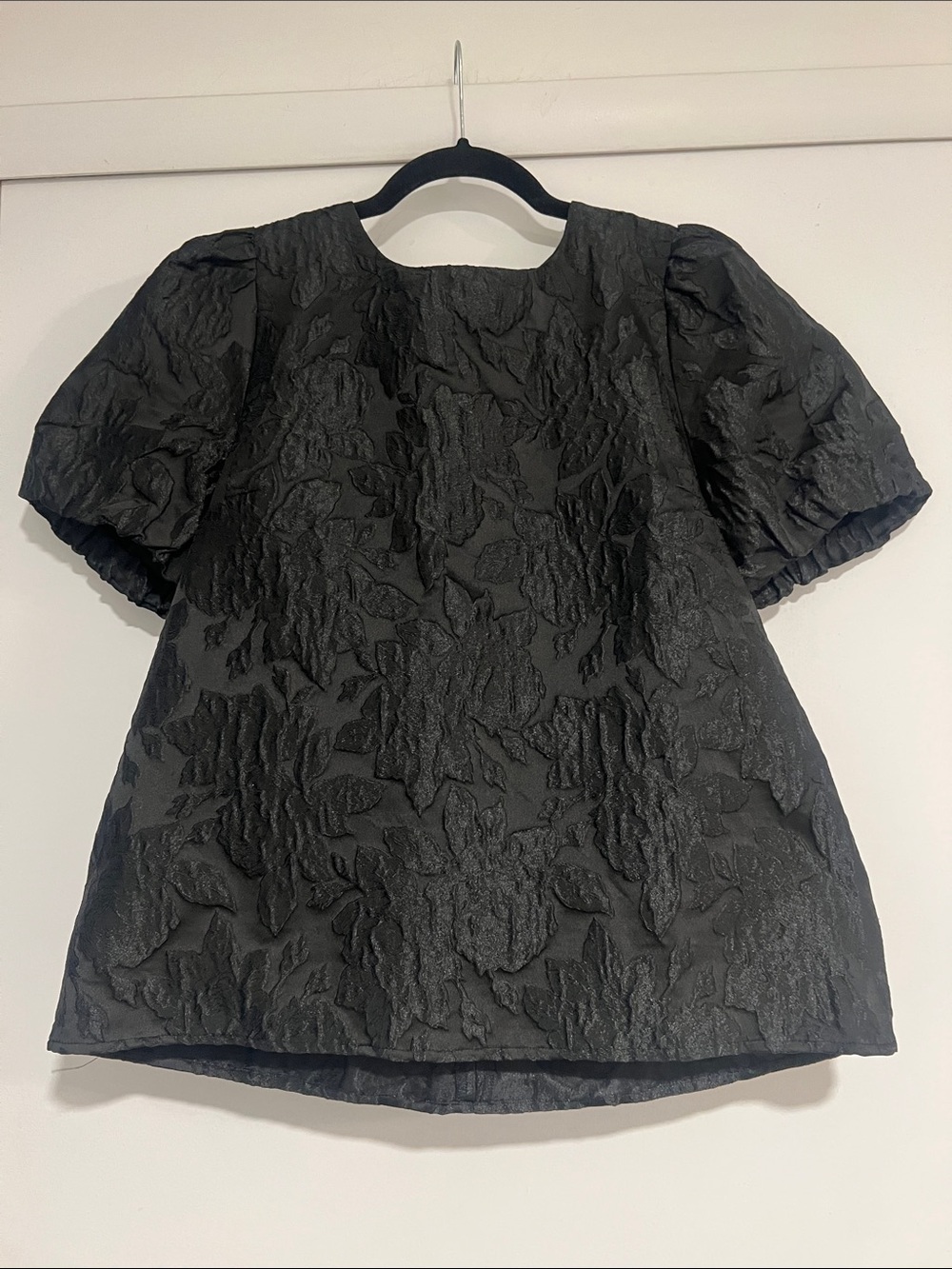 J. Crew Black Floral Jacquard Puff-Sleeve Top